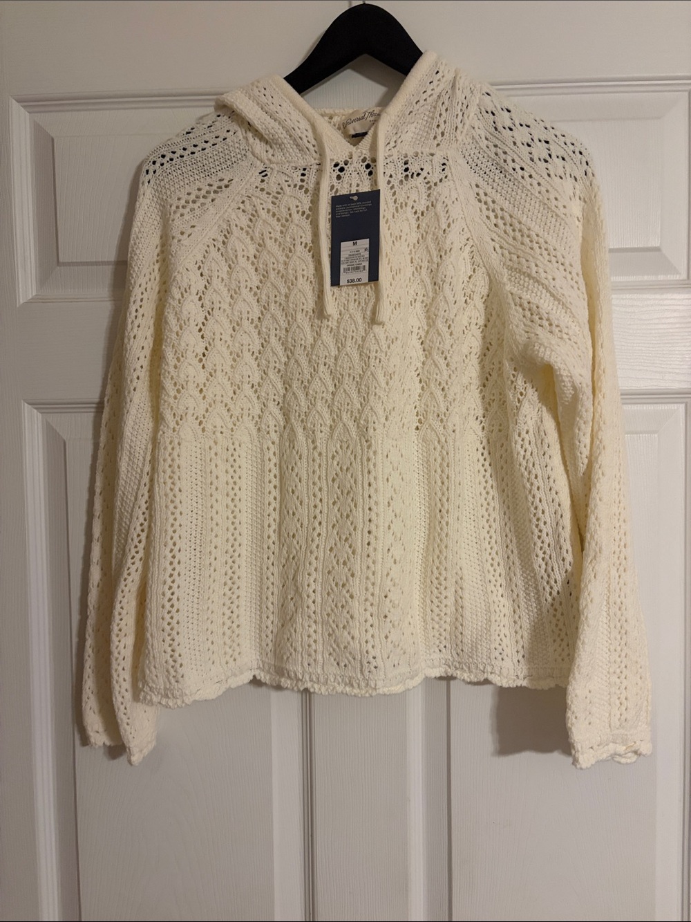 Universal Thread Cream Knit Crochet Pointelle Hooded Pullover Sweater